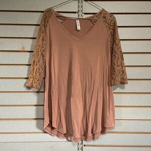 Zenana Premium Top Medium Womens Brown Lace‎ Sleeve V Neck Tunic Blouse